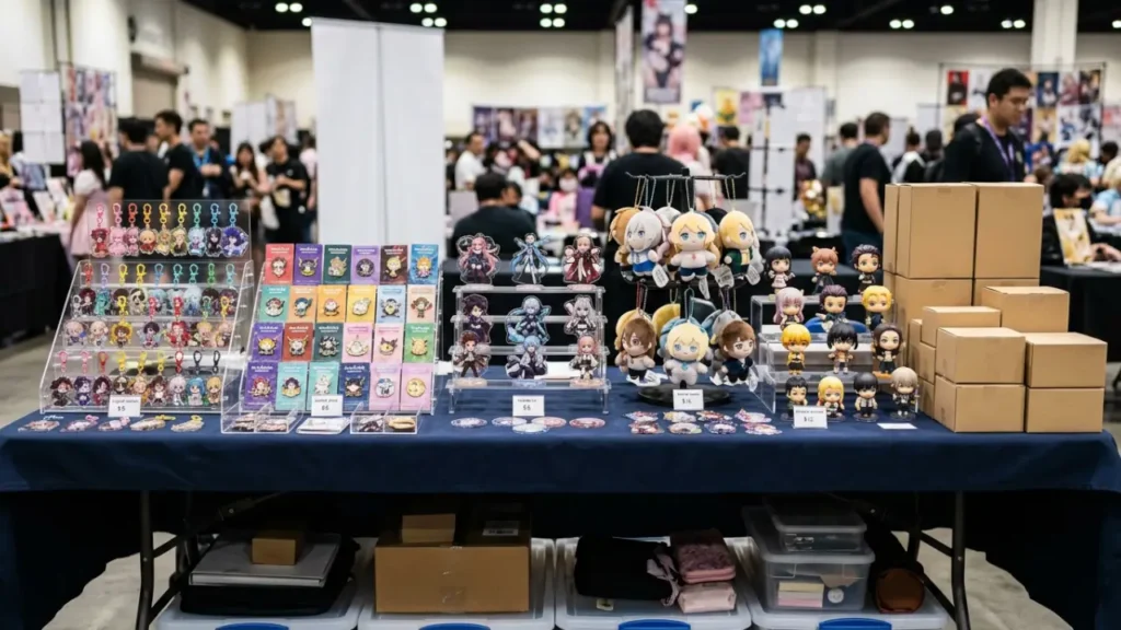 Small Collectibles Arranged On A Compact Anime Convention Seller Table