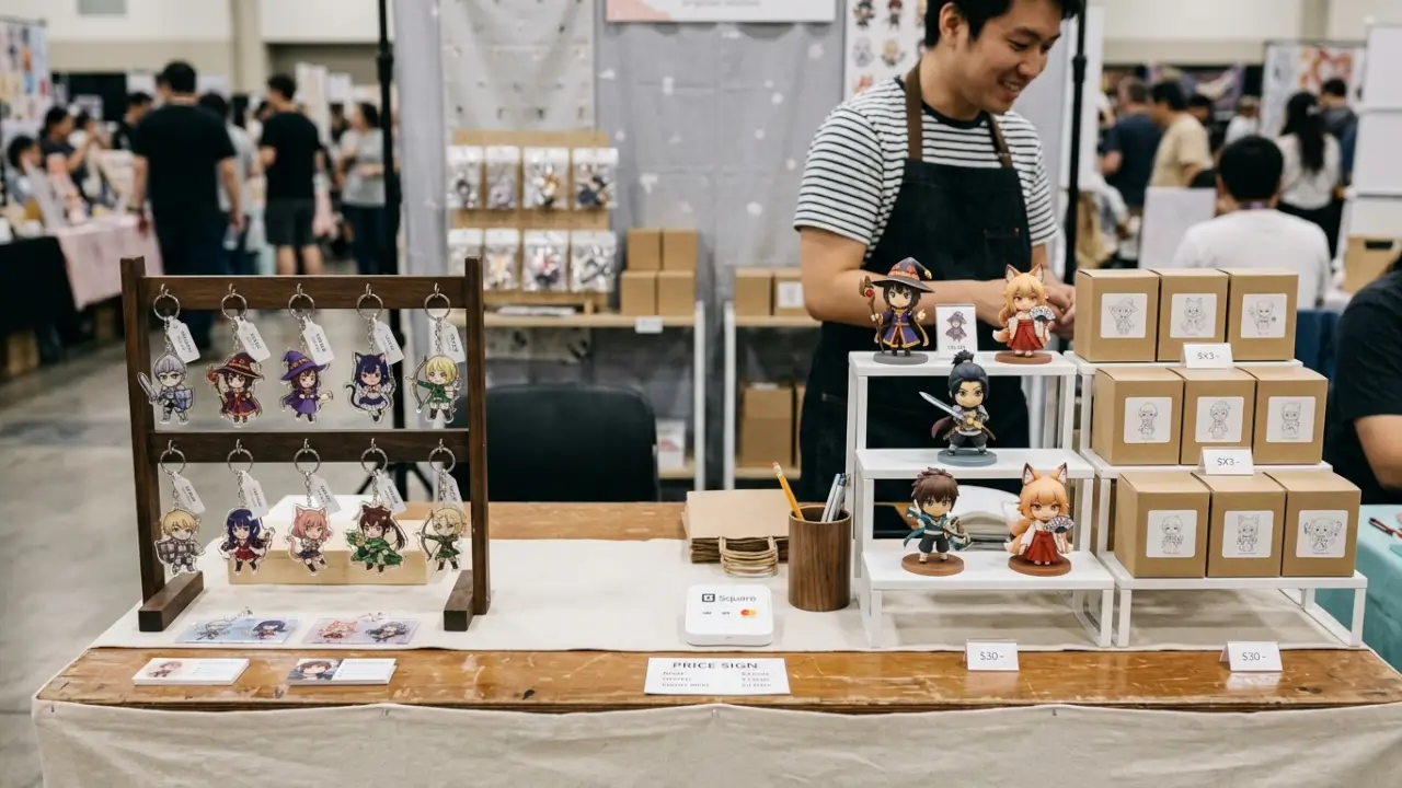 Anime Convention Display Comparing Visible-Choice Small Collectibles With Sealed Blind Boxes