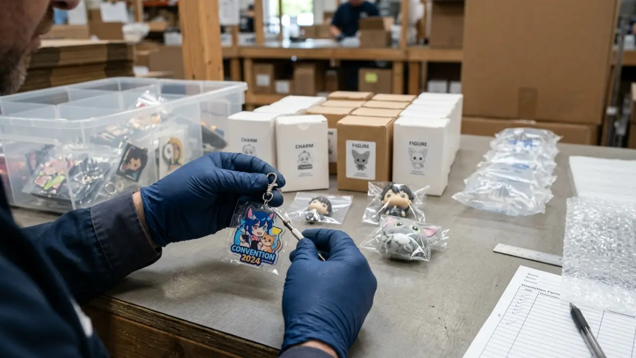 Inspecting Small Collectibles And Protective Packaging Before An Anime Convention